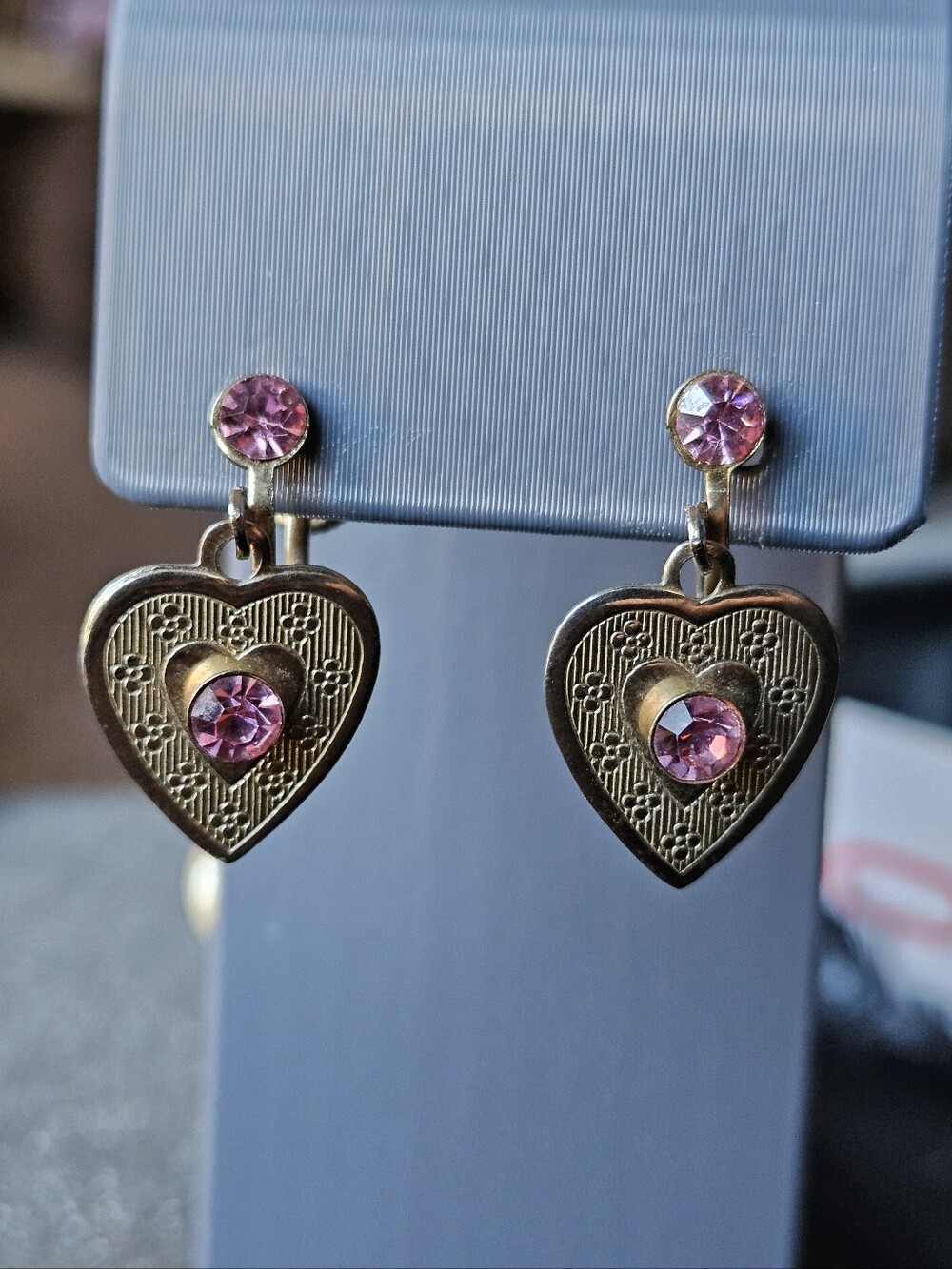 Pink Crystal Heart Drop Earrings - Gold Tone